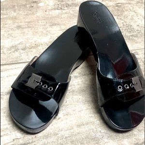 NWOB DR SCHOLL’S WOODEN SLIDES/SIZE9US/BLACK PATENT